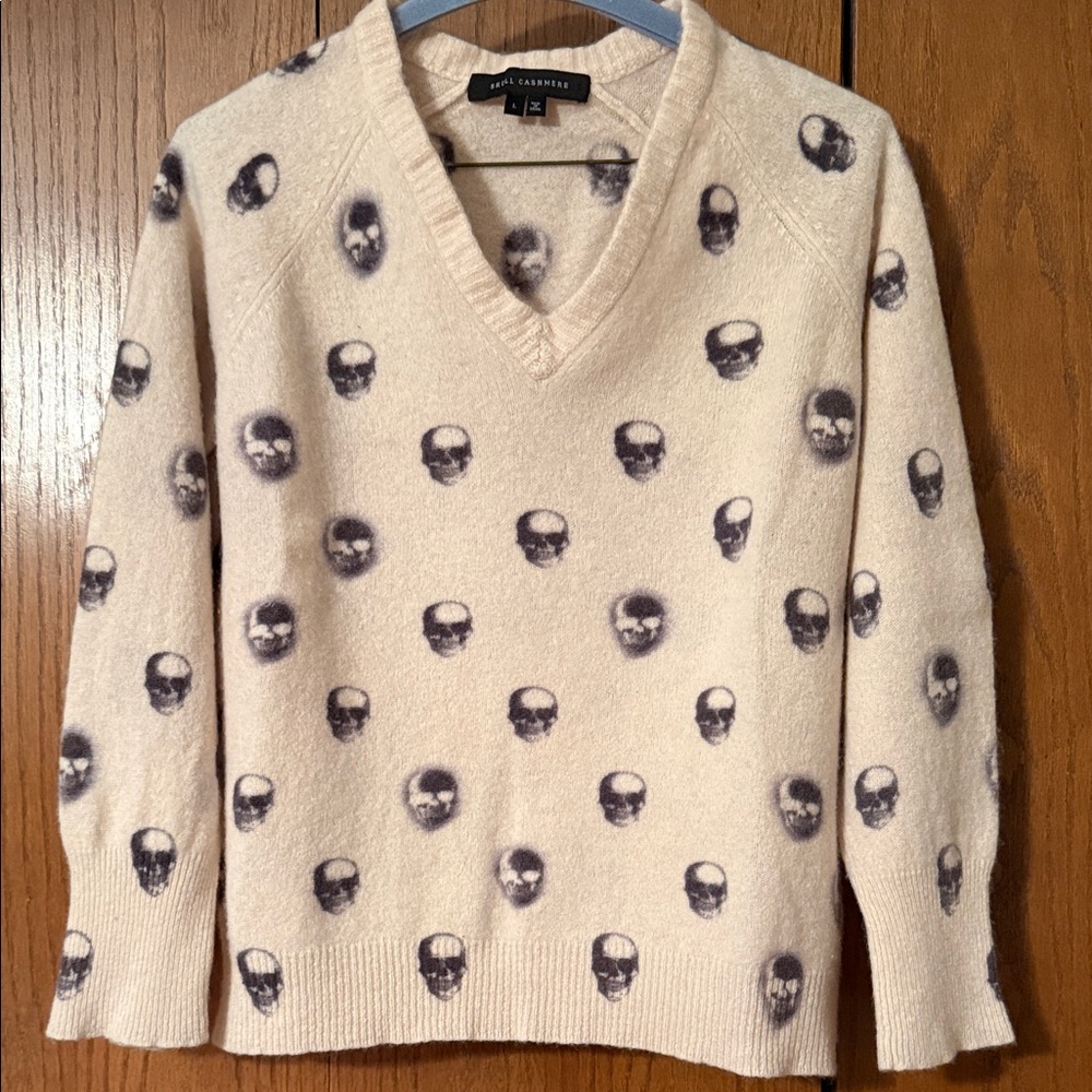 Nordstrom Cream V-Neck Sweater with Skull Pattern